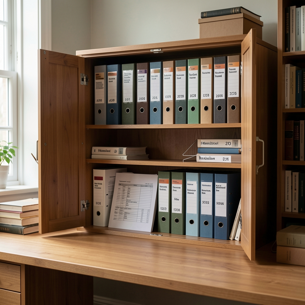 Neatly organised archive cabinet with labeled binders of nutrition framework documentation, lot-coded printouts, and a dated revision log visible on a wide wooden desk in a quiet study