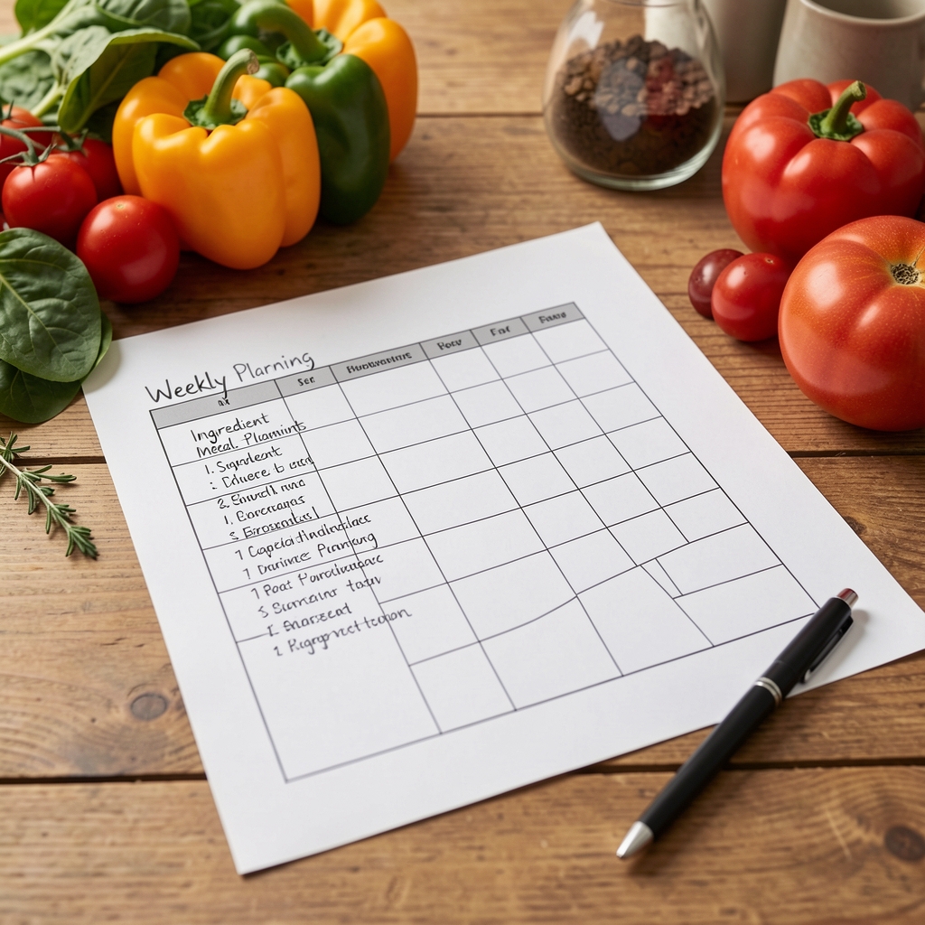 Weekly meal-planning grid printed on white paper with handwritten ingredient lists, placed on a kitchen table alongside seasonal vegetables and a pen